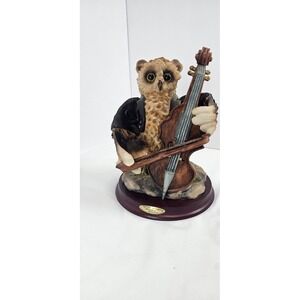 Vintage Montefiori Collection Owl Playing Cello‎ Figurine Statue Wood Base Decor